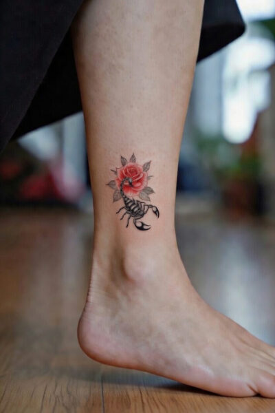 Scorpion and red rose tattoo on a woman’s ankle