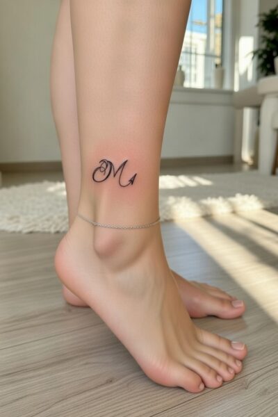 Small script Scorpio zodiac symbol tattoo above a woman’s ankle